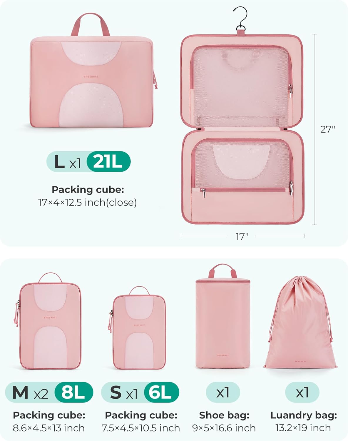 Hanging Travel Packing Cubes, 6 Set Large Travel Cubes for Women Cruise Ship Essentials, Suitcase Organizers - Image 4