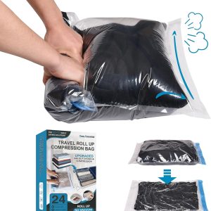 Compression Bags for Travel – Travel Essentials – 24 Pack Space Saver Bags – No Vacuum Needed – Compression Packing Bags for Cruise Accessories