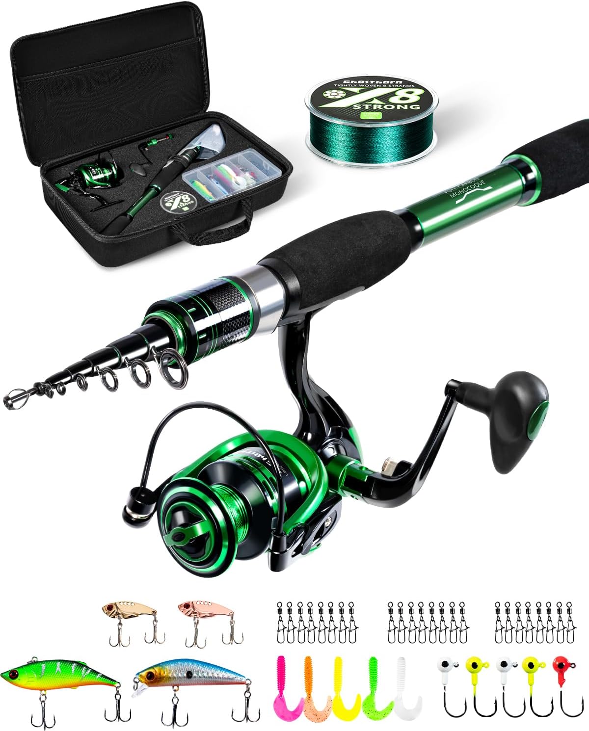 Ghosthorn Fishing Rod and Reel Combo Graphite Telescoping Fishing Pole Collapsible Portable Travel Kit with Carrier Bag for Freshwater Fishing Gift for Men Women